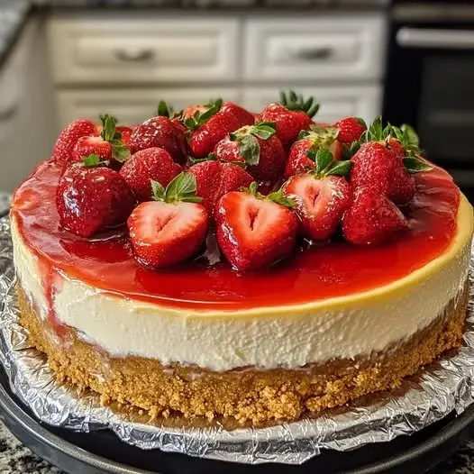 Delicious homemade strawberry cheesecake topped with fresh strawberries