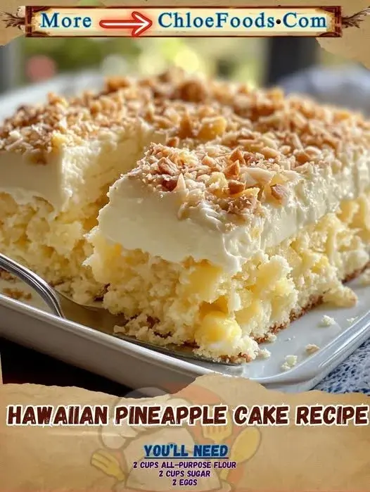 Hawaiian pineapple cake topped with fresh pineapple slices and coconut flakes