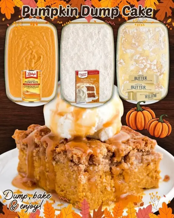 Deliciously baked Pumpkin Dump Cake served on a plate with whipped cream on top.