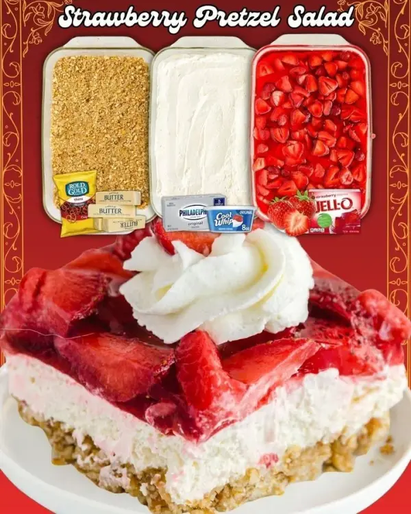 Strawberry Pretzel Salad with whipped cream, strawberries, and a pretzel crust