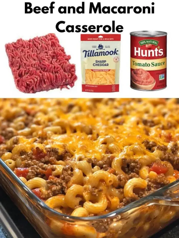A hearty Beef and Macaroni Casserole served in a dish, topped with cheese