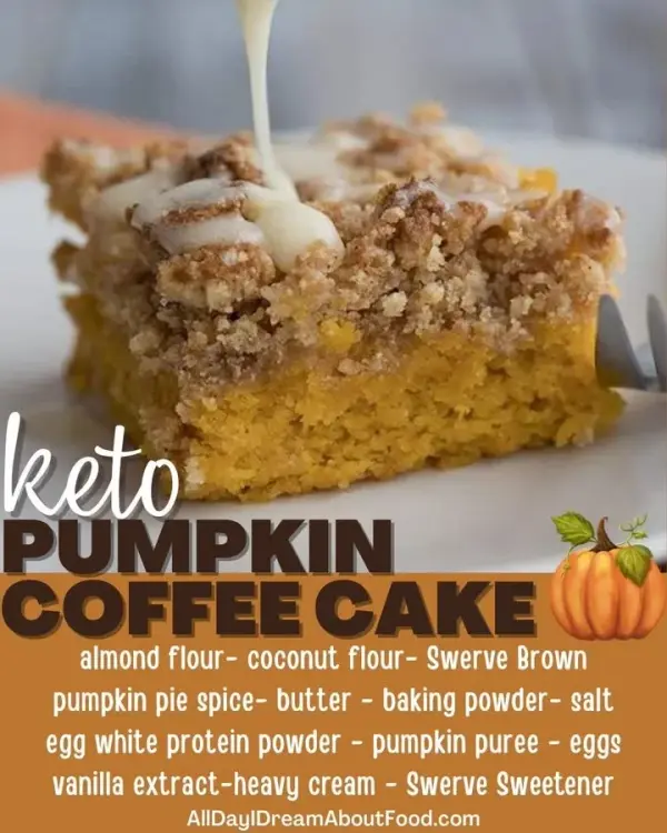 Keto Pumpkin Coffee Cake topped with spices and a drizzle of glaze