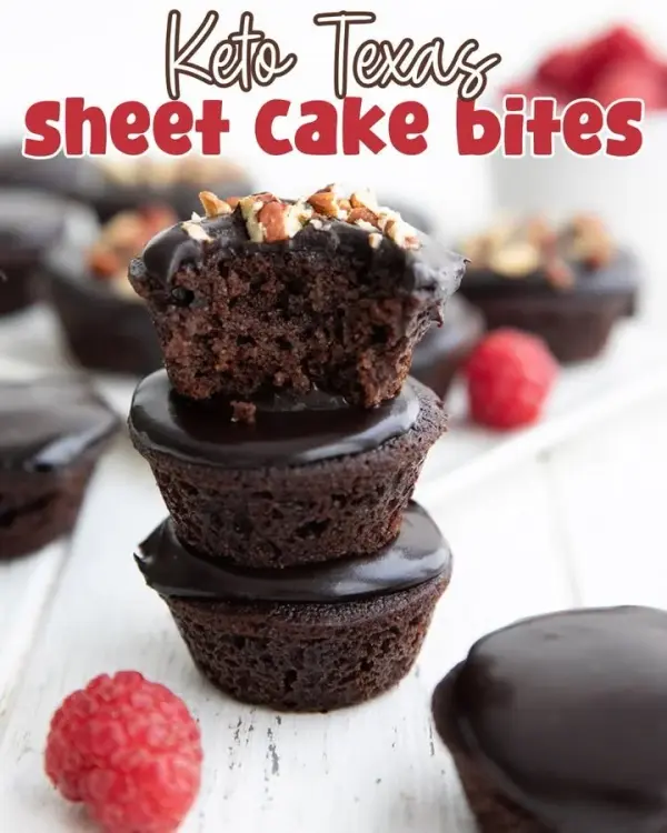 Keto Texas Sheet Cake Bites on a plate, low-carb dessert for a keto diet