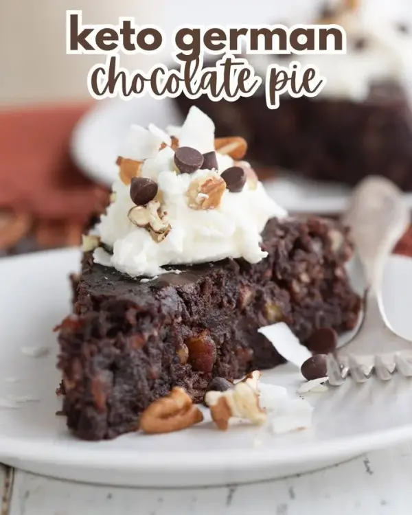 Delicious gooey Keto German Chocolate Pie with a rich chocolate filling