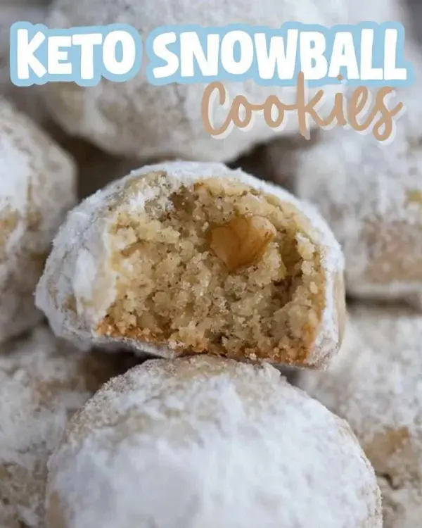 Delicious Keto Snowball Cookies dusted with powdered erythritol.