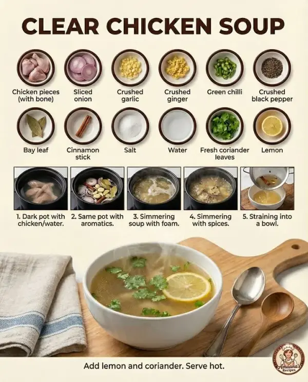 Bowl of clear chicken soup with vegetables and herbs