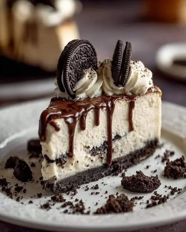 Delicious no bake Oreo cheesecake with chocolate cookie crust and creamy filling.