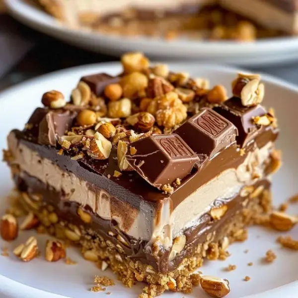 Delicious chocolate peanut butter cheesecake bars on a plate