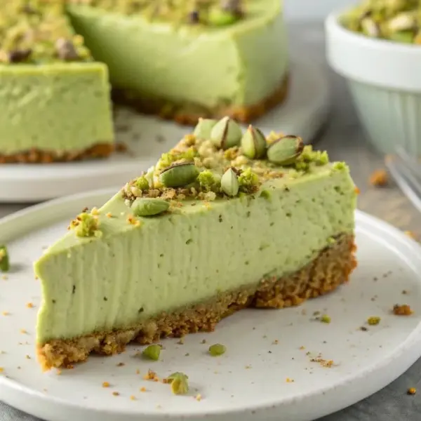 Delicious slice of pistachio cheesecake topped with crushed nuts