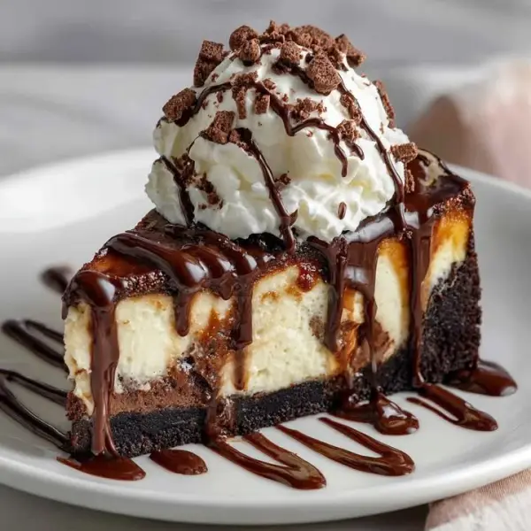 Delicious Brownie Sundae Cheesecake topped with chocolate sauce and whipped cream