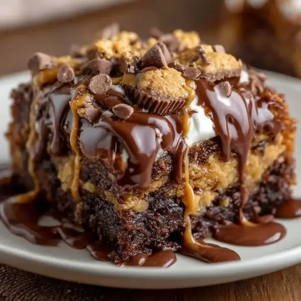 Delicious Peanut Butter Cup Dump Cake topped with chocolate and peanut butter