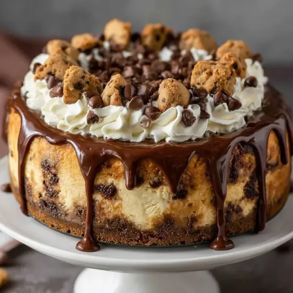 Delicious chocolate chip cheesecake topped with cookie crumbles