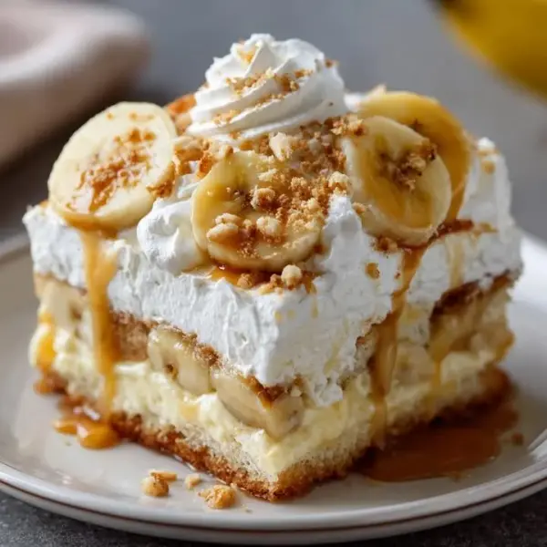 Delicious Banana Pudding Cake topped with whipped cream and banana slices