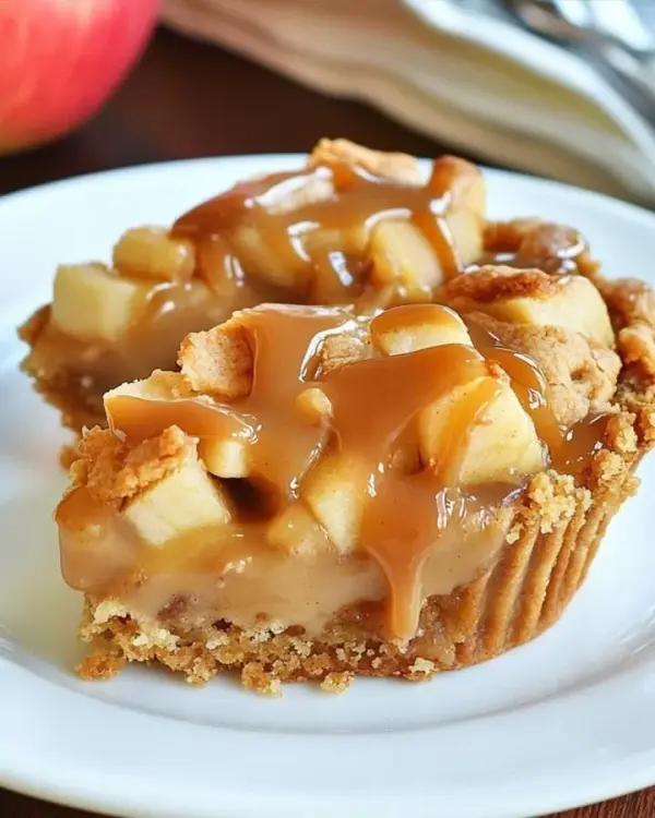 Caramel Apple Pie Cookie Cups drizzled with caramel sauce on a white plate