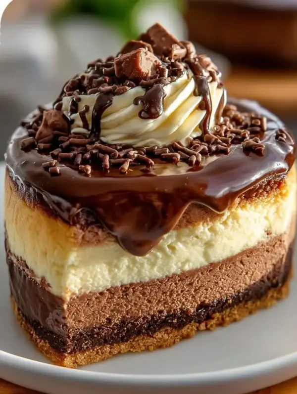 Delicious Boston Cream Pie Cheesecake topped with chocolate and cream