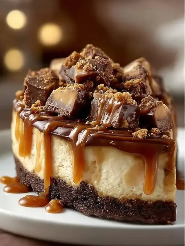 Delicious Snickers Cheesecake topped with chocolate and caramel