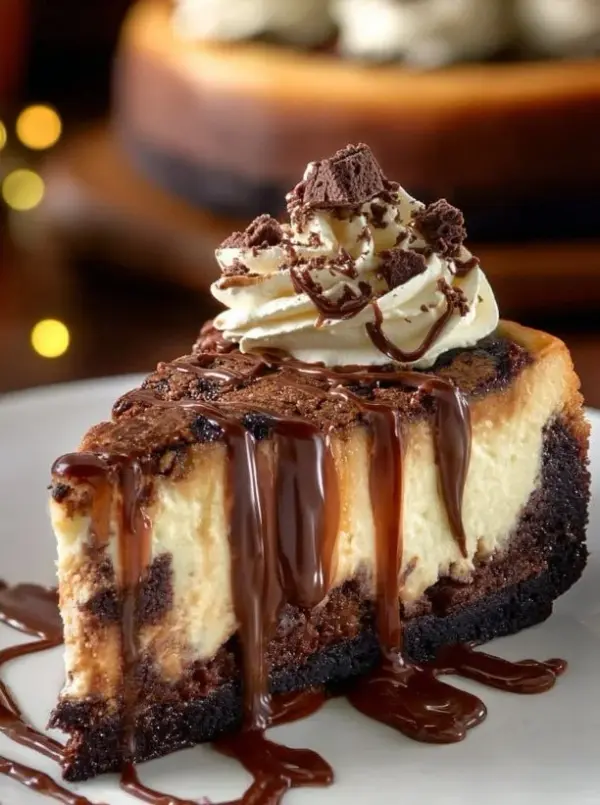 Delicious Brownie Sundae Cheesecake topped with chocolate drizzle and whipped cream