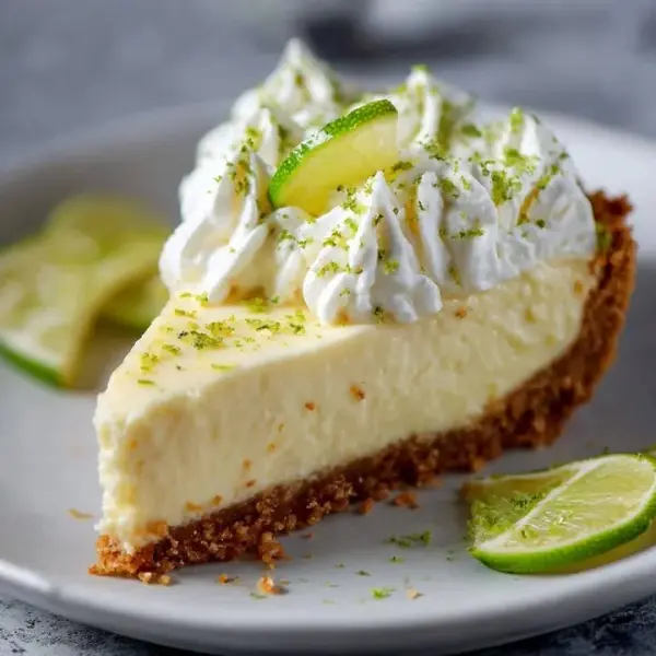 Slice of creamy Key Lime Pie topped with whipped cream and lime zest