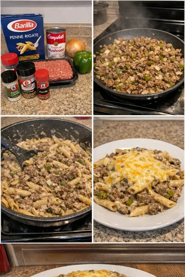 Delicious Philly Cheesesteak Pasta served in a bowl with cheese and toppings.