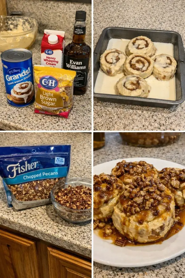 Delicious Bourbon Pecan Rolls topped with nuts and caramel glaze