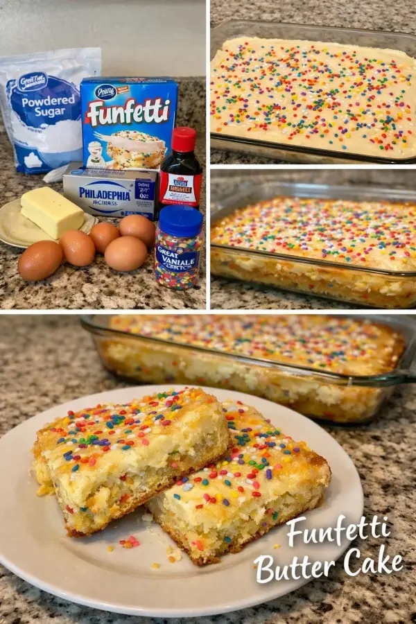 Delicious Funfetti Butter Cake topped with colorful sprinkles