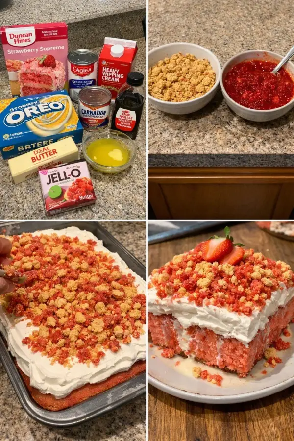 Delicious Strawberry Crunch Cake topped with fresh strawberries and crunchy topping
