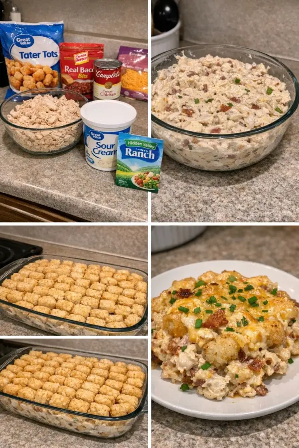 Delicious Chicken Tater Tot Casserole topped with crispy tater tots