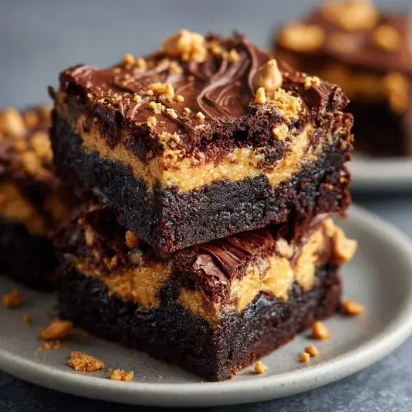 Delicious peanut butter brownies topped with chocolate drizzle on a white plate.