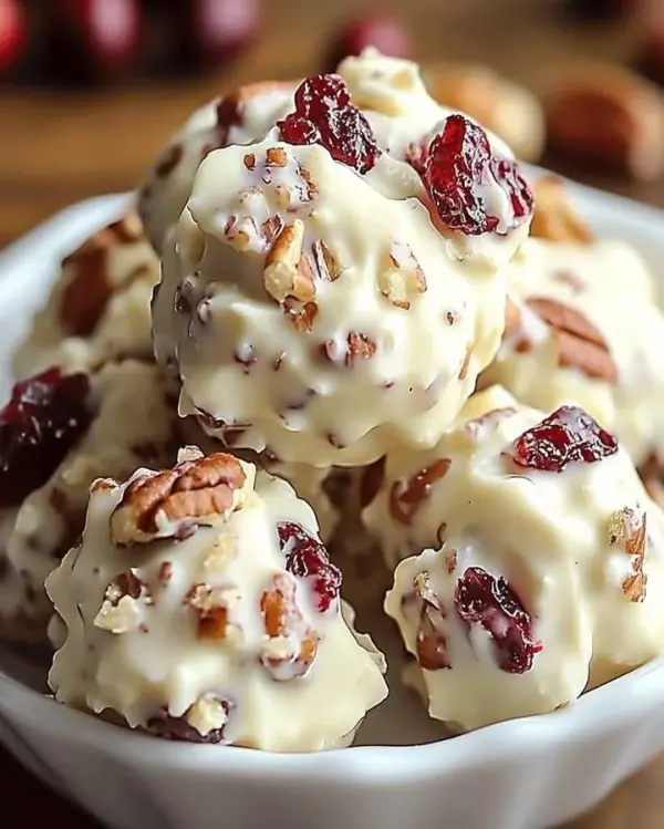 White chocolate cranberry pecan clusters in a decorative bowl