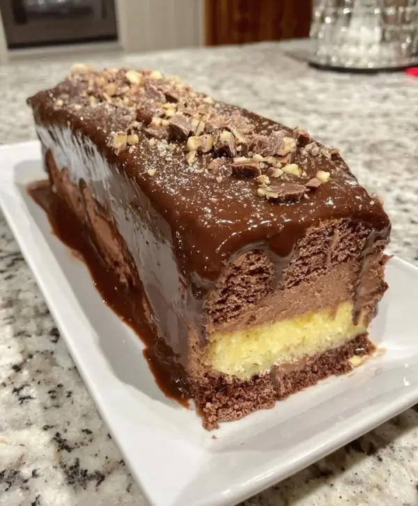 Delicious Chocolate Hazelnut Ferrero Mousse Cake topped with hazelnuts