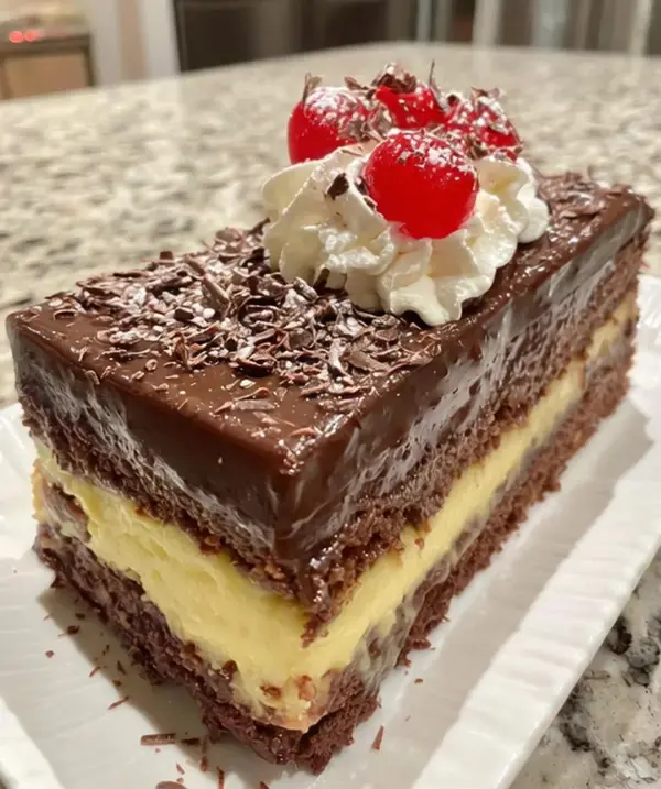 Dark Chocolate Cherry Cream Mousse Cake with rich chocolate and cherry layers