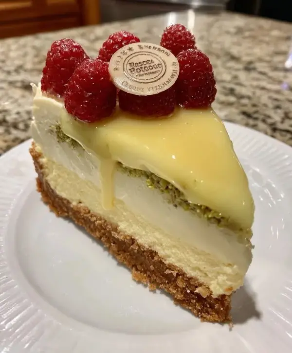 Pistachio Raspberry Cheesecake Mousse Cake topped with fresh raspberries and nuts