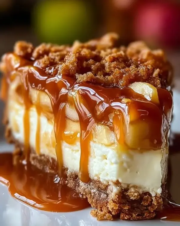 Delicious caramel apple cheesecake topped with caramel and fresh apple slices