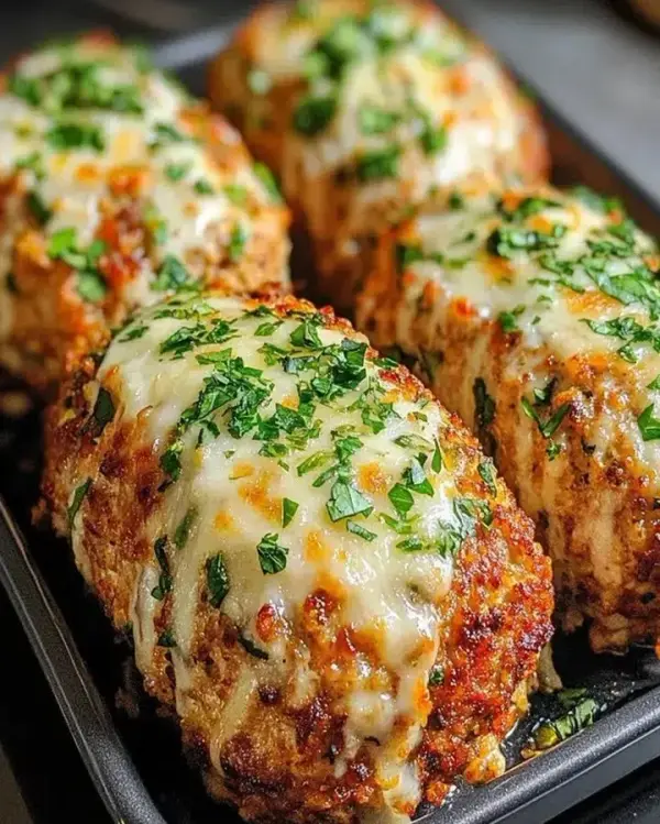 Perfect garlic parmesan chicken meatloaves served with a side of vegetables