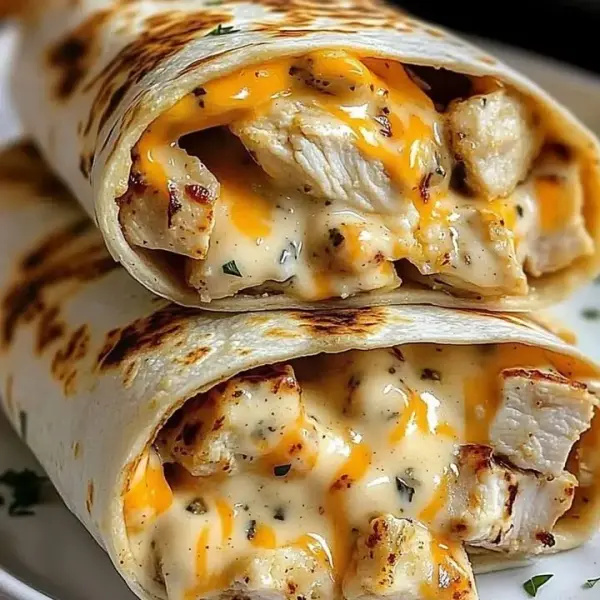 Delicious cheesy garlic chicken wraps served on a wooden platter