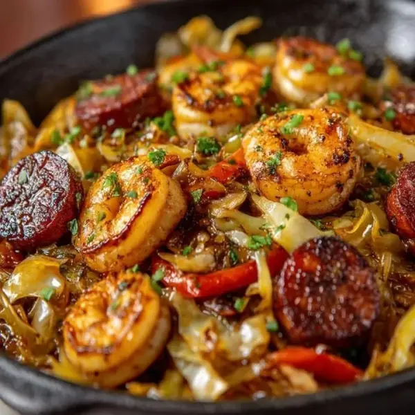 Delicious shrimp sausage cabbage skillet packed with flavor
