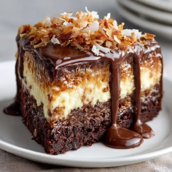 Delicious slice of German Chocolate Cheesecake topped with coconut and pecans.