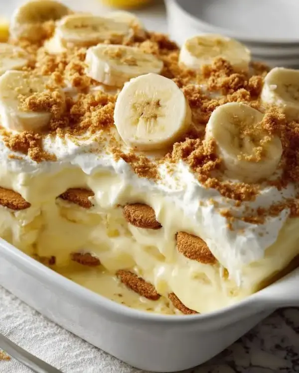 Delicious creamy banana pudding in a bowl, topped with whipped cream and banana slices