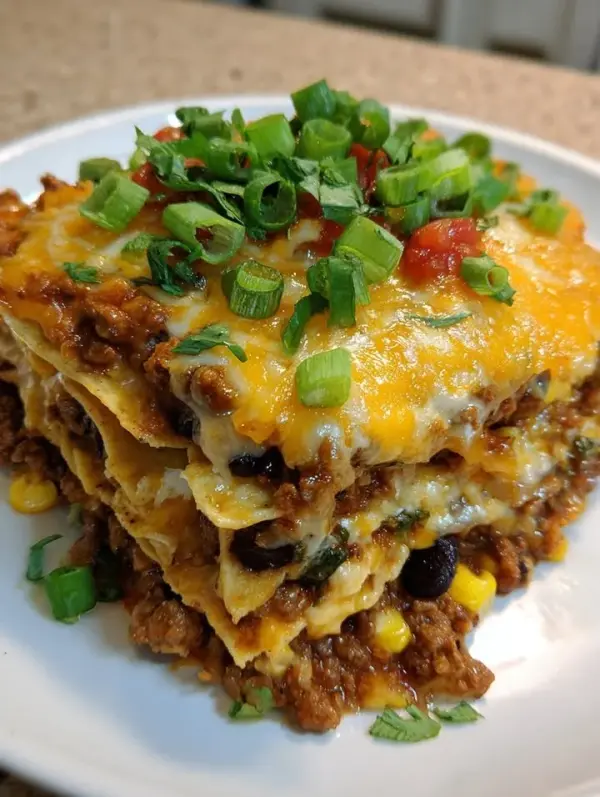 Cottage Cheese Taco Bake in a baked dish with toppings