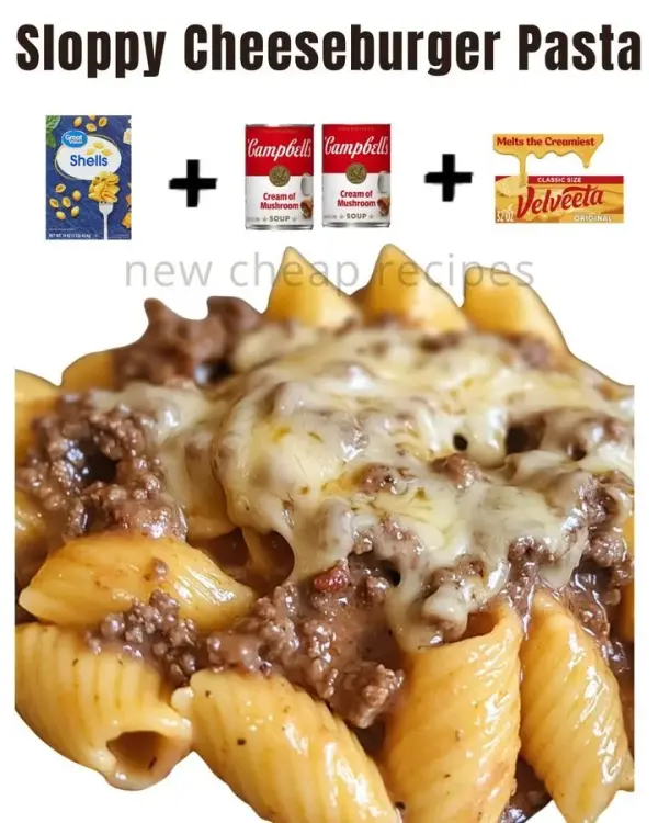 Bowl of Sloppy Cheeseburger Pasta with melted cheese and herbs on top