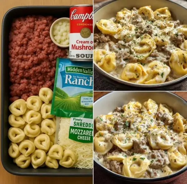 Bowl of creamy ranch beef tortellini made in a slow cooker with herbs and spices.