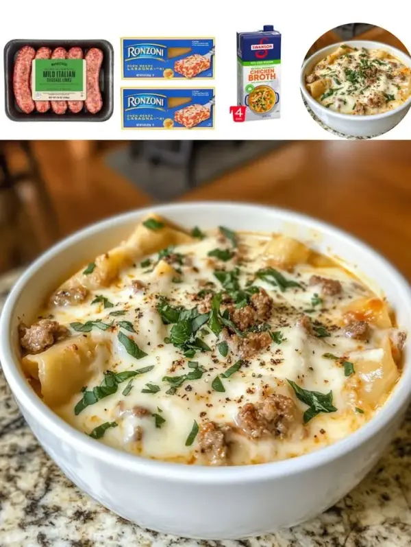 Creamy Alfredo Lasagna Soup in a bowl, garnished with herbs and cheese