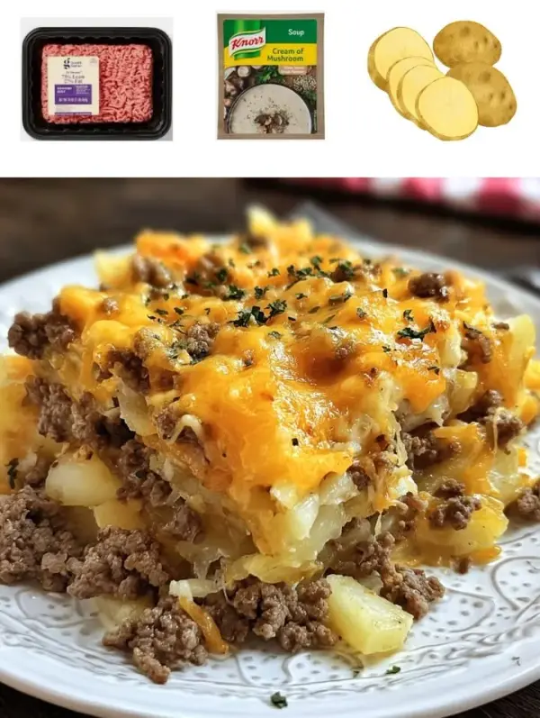 Delicious Hamburger Potato Casserole topped with melted cheese and herbs.