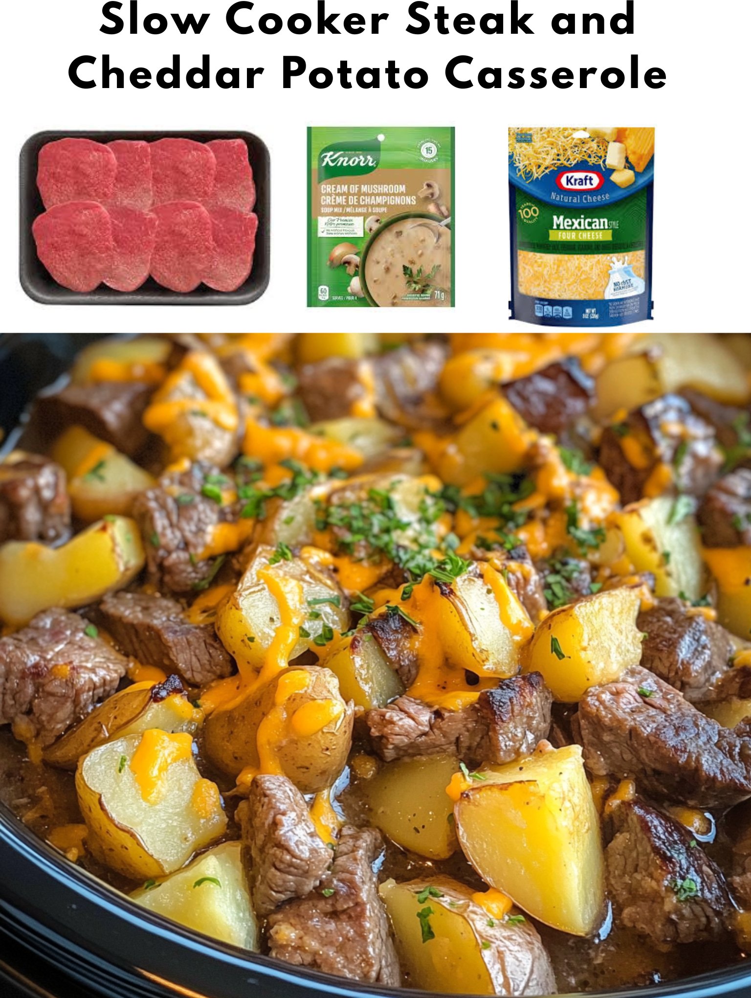 Slow Cooker Steak and Cheddar Potato Casserole