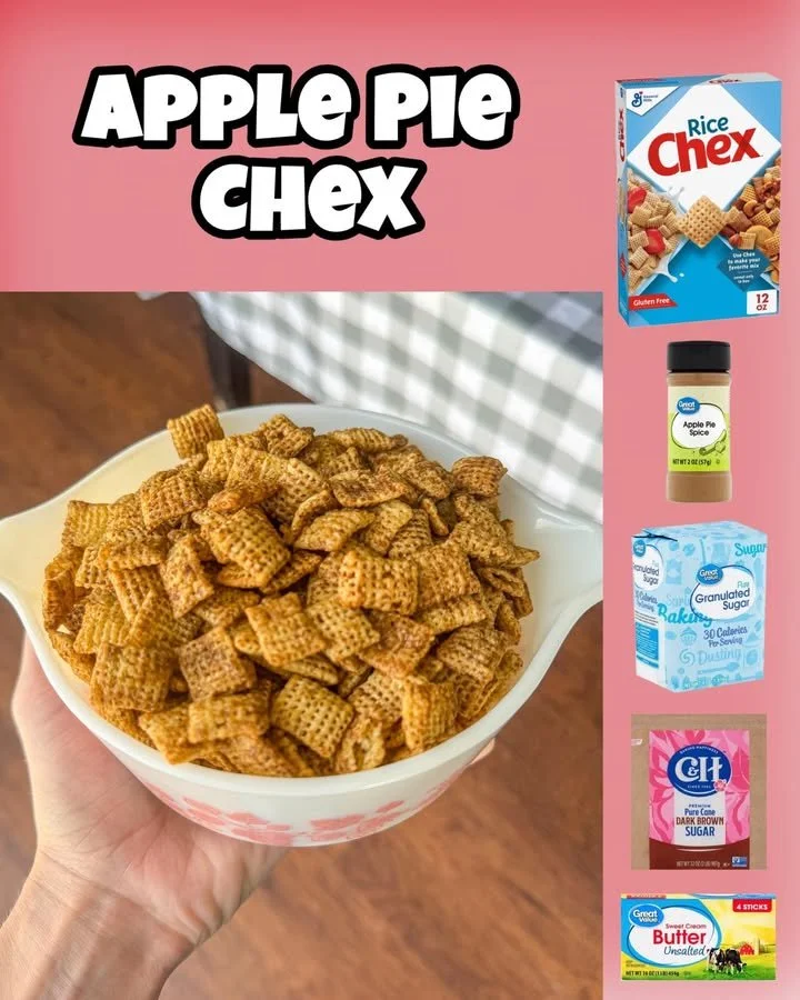 Bowl of homemade Apple Pie Chex mix with crispy cereal and spices