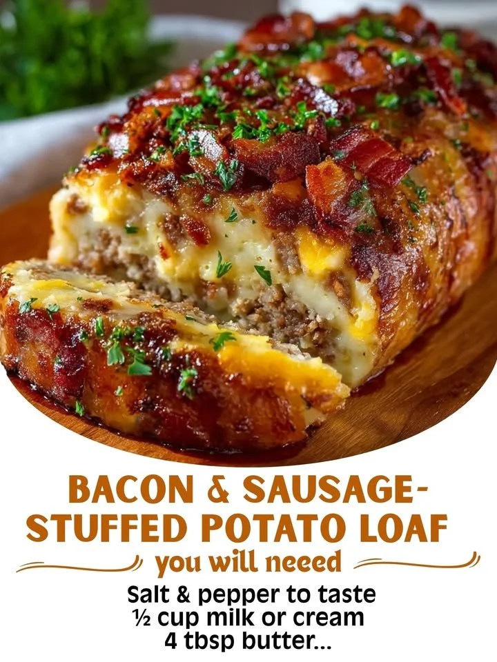Bacon and sausage stuffed potato loaf ready to serve