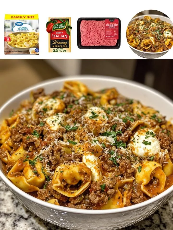A hearty Beef and Cheese Tortellini Bake topped with melted cheese and herbs.