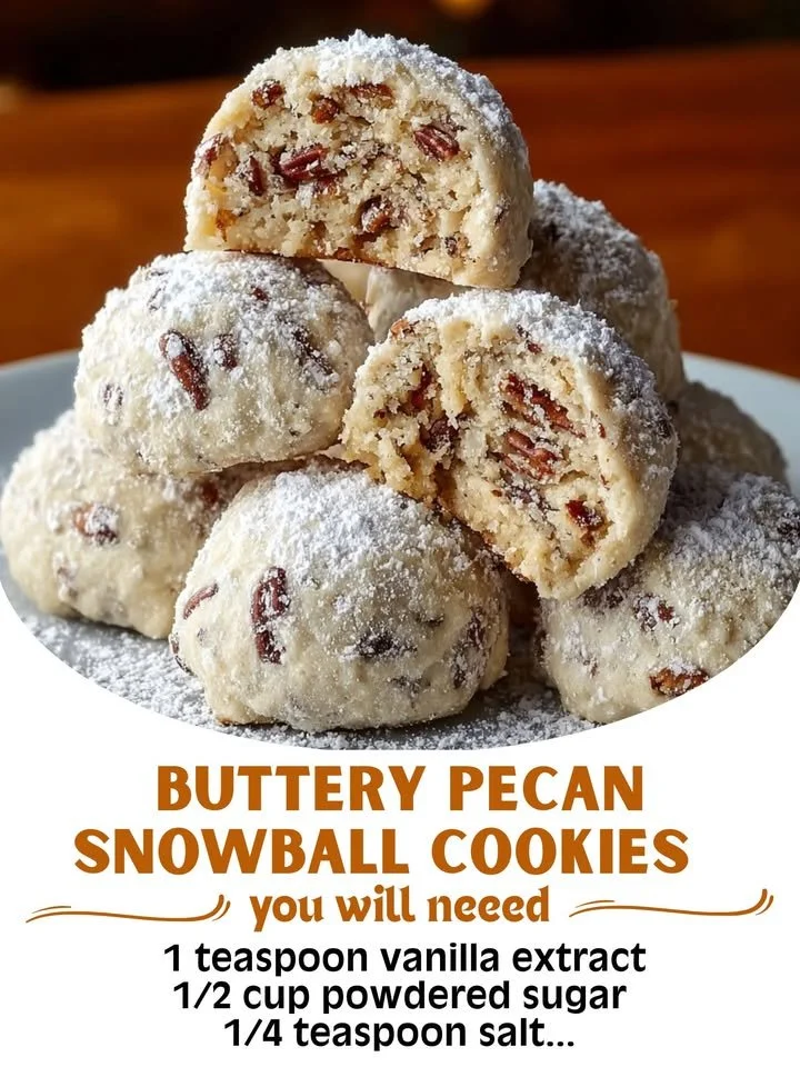 Buttery pecan snowball cookies dusted with powdered sugar