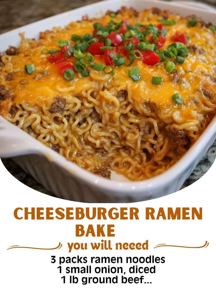 Delicious Cheeseburger Ramen Bake topped with cheese and garnishes