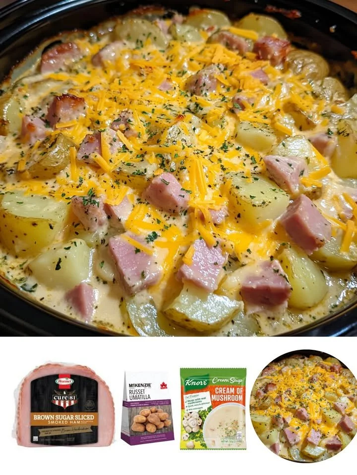 Cheesy ham and potato casserole cooked in a slow cooker, garnished with herbs.
